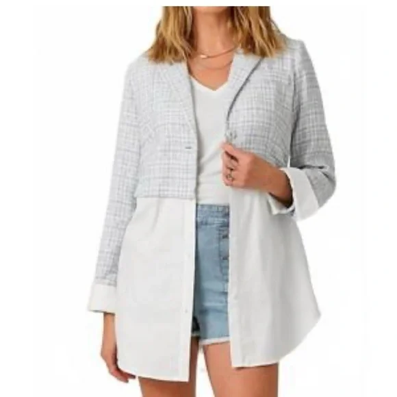 Mystree Women’s medium 2fer mixed blazer blue/gray & white mixed plaid pattern - Picture 1 of 8